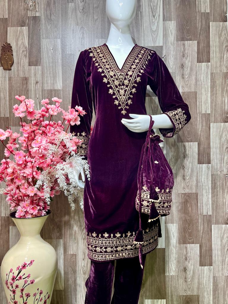 Velvet Designer Coord Set with Potli