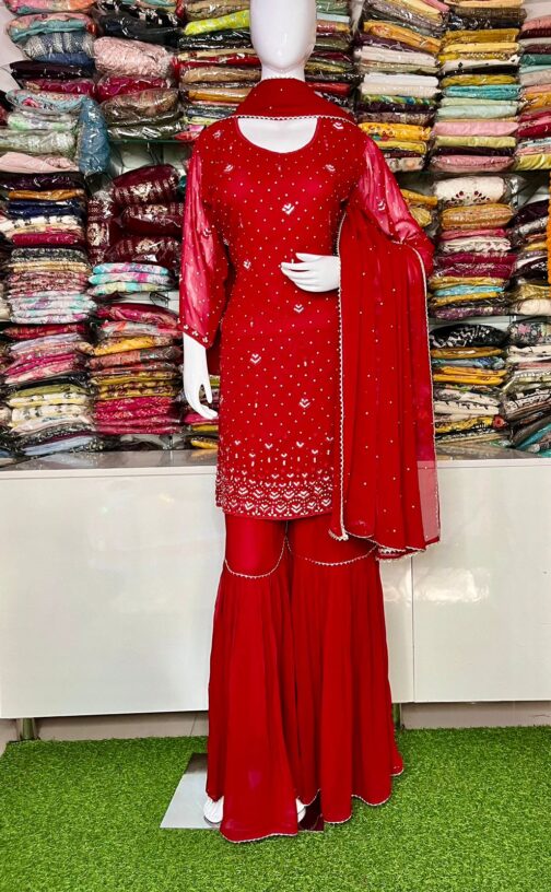 Pure Georgette Heavy Embroidered Suit With Sharara