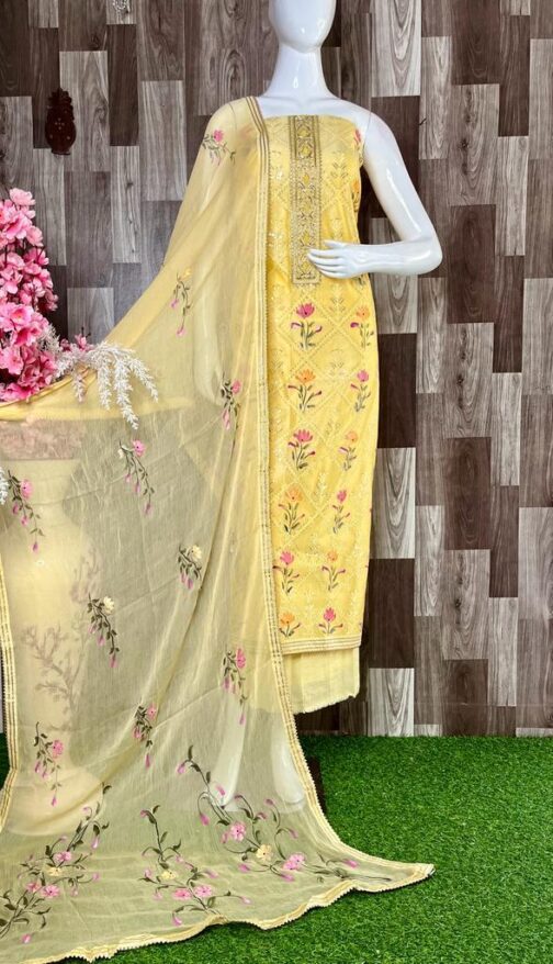 Beautiful Chandheri Hand Painted Suit With Embroidery - Image 5