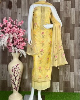 Beautiful Chandheri Hand Painted Suit With Embroidery