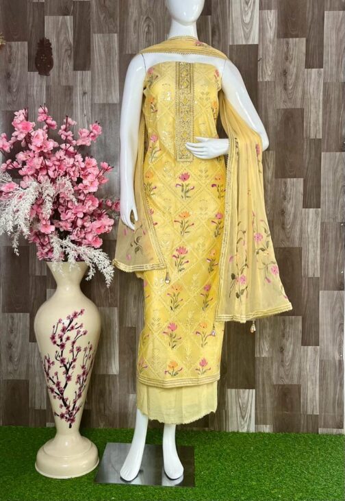 Beautiful Chandheri Hand Painted Suit With Embroidery - Image 2