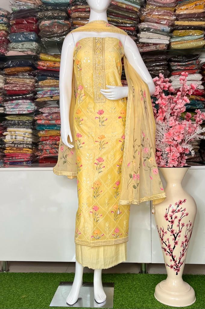 Beautiful Chandheri Hand Painted Suit With Embroidery