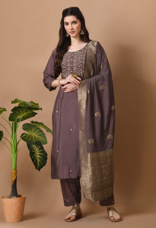 Beautiful Embroidery Silk Suit