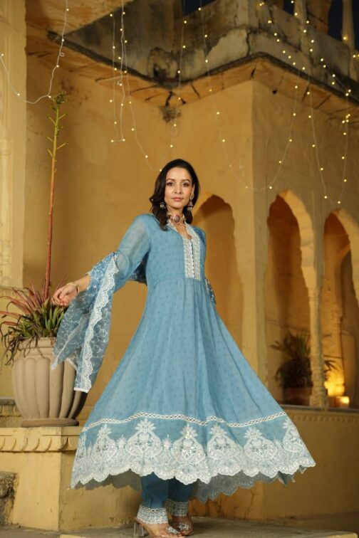Designer Anarkali Kurti Set With Embroidery - Image 3