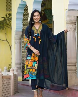 Pure cotton designer v neck embroidered masaba print kurti with chiffon dupatta black