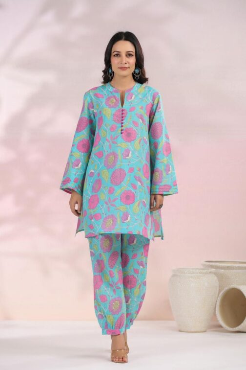 Blue Floral Afgani Cotton Coord Set