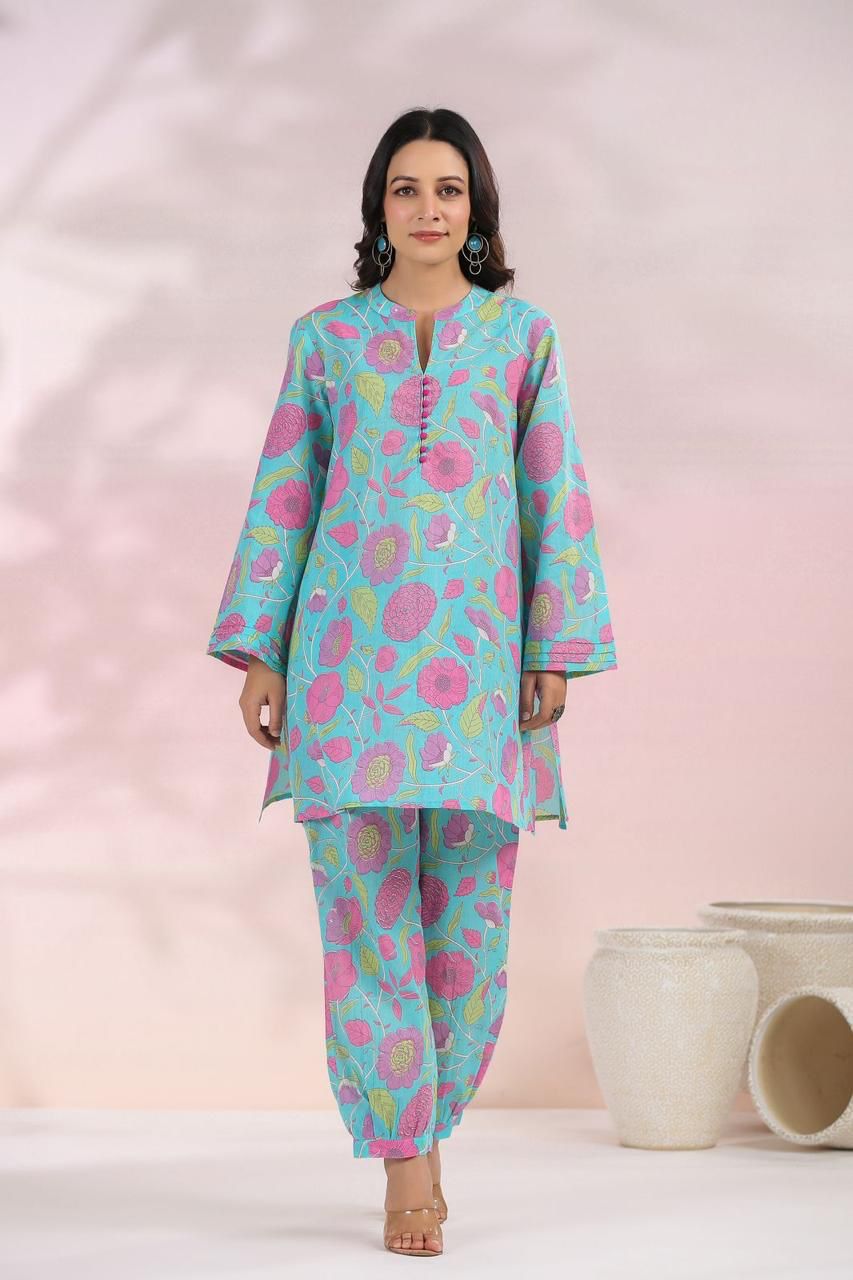 Blue Floral Afgani Cotton Coord Set