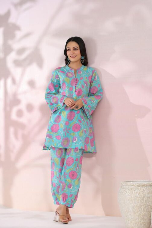 Blue Floral Afgani Cotton Coord Set - Image 4