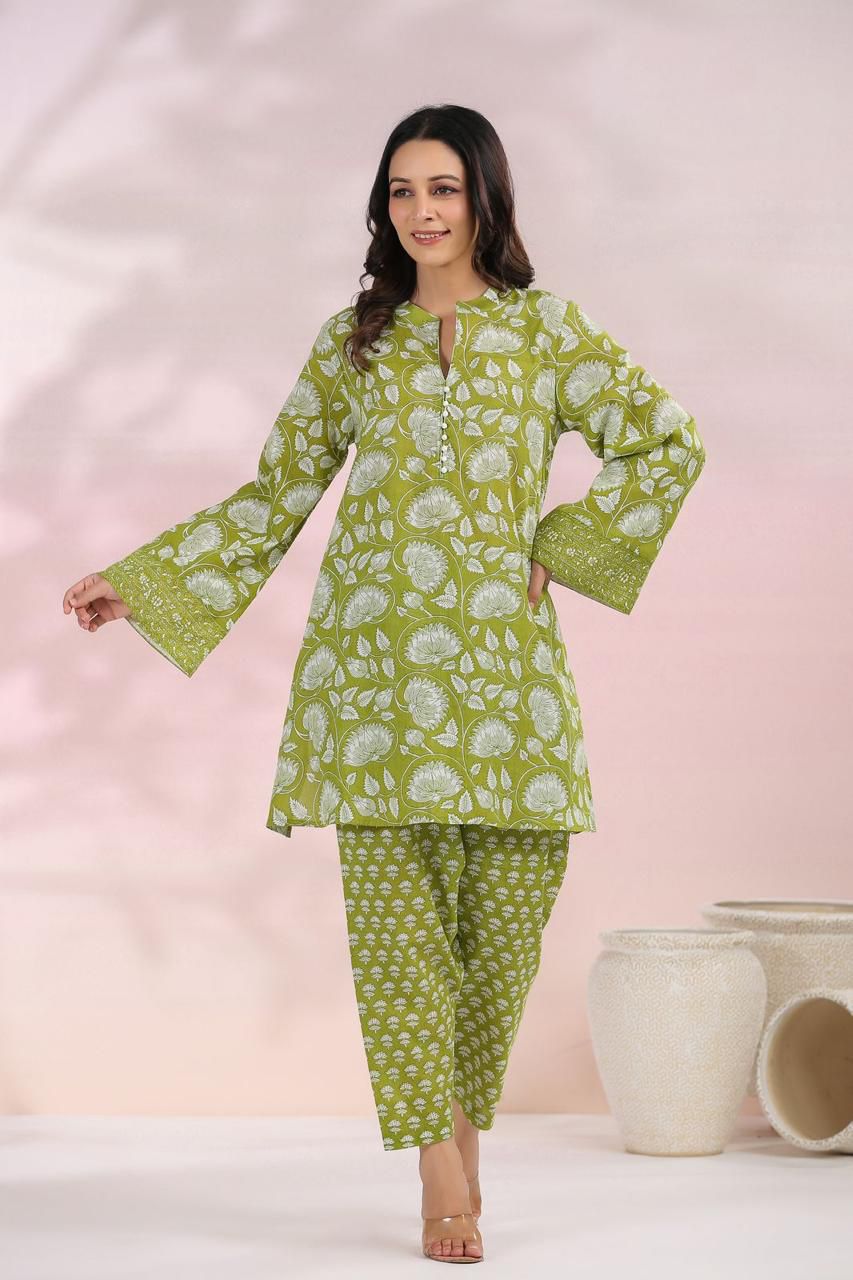 Green Floral Afgani Cotton Coord Set