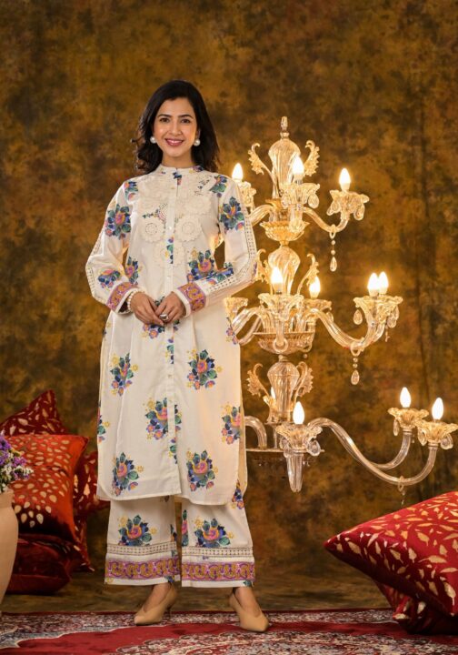 Premium Cotton Off White 2 Peice Set with Designer Lace Work