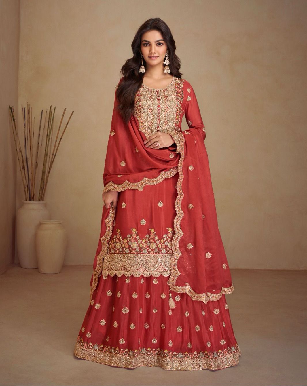 Rust Exquisite Party Wear Premium Lehenga Suit Set with Embroidery & Mirror Work
