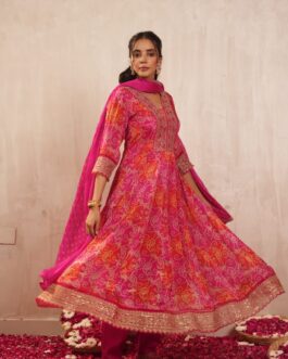 Pure Chinon Bandhej Anarkali Set