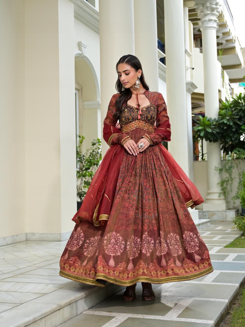 Designer Hand Embroidered Anarkali Gown with Organza Dupatta