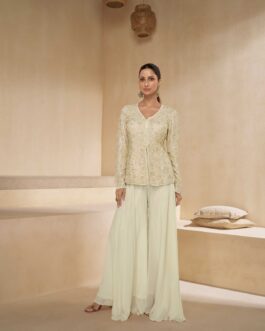 Pearl White Pure Georgette  Embroidered Palazzo Suit with Necklace Dupatta