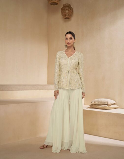 Pearl White Pure Georgette Embroidered Palazzo Suit with Necklace Dupatta
