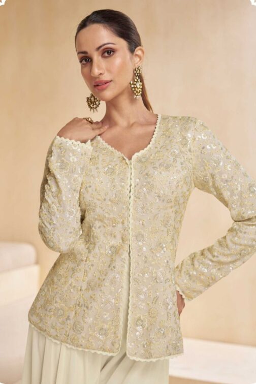 Pearl White Pure Georgette Embroidered Palazzo Suit with Necklace Dupatta