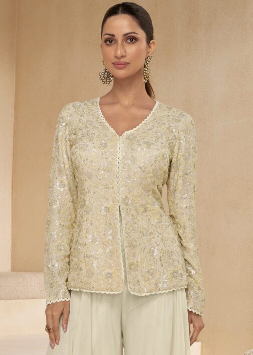Pearl White Pure Georgette Embroidered Palazzo Suit with Necklace Dupatta