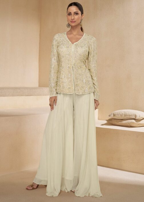 Pearl White Pure Georgette Embroidered Palazzo Suit with Necklace Dupatta