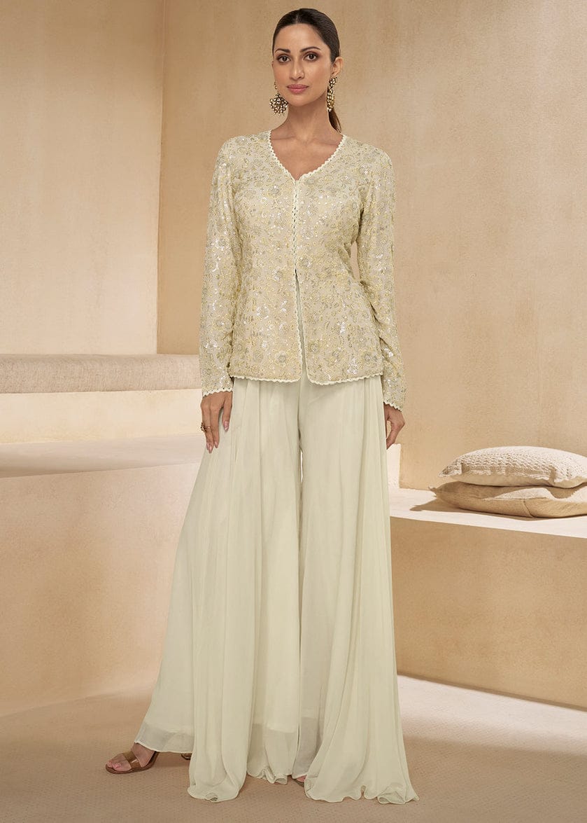 Pearl White Pure Georgette Embroidered Palazzo Suit with Necklace Dupatta