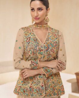 Light Brown Pure Georgette Floral Embroidered Designer Top Palazzo Suit Set