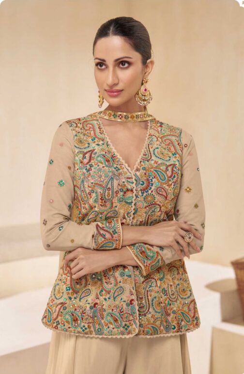 Light Brown Pure Georgette Floral Embroidered Designer Top Palazzo Suit Set