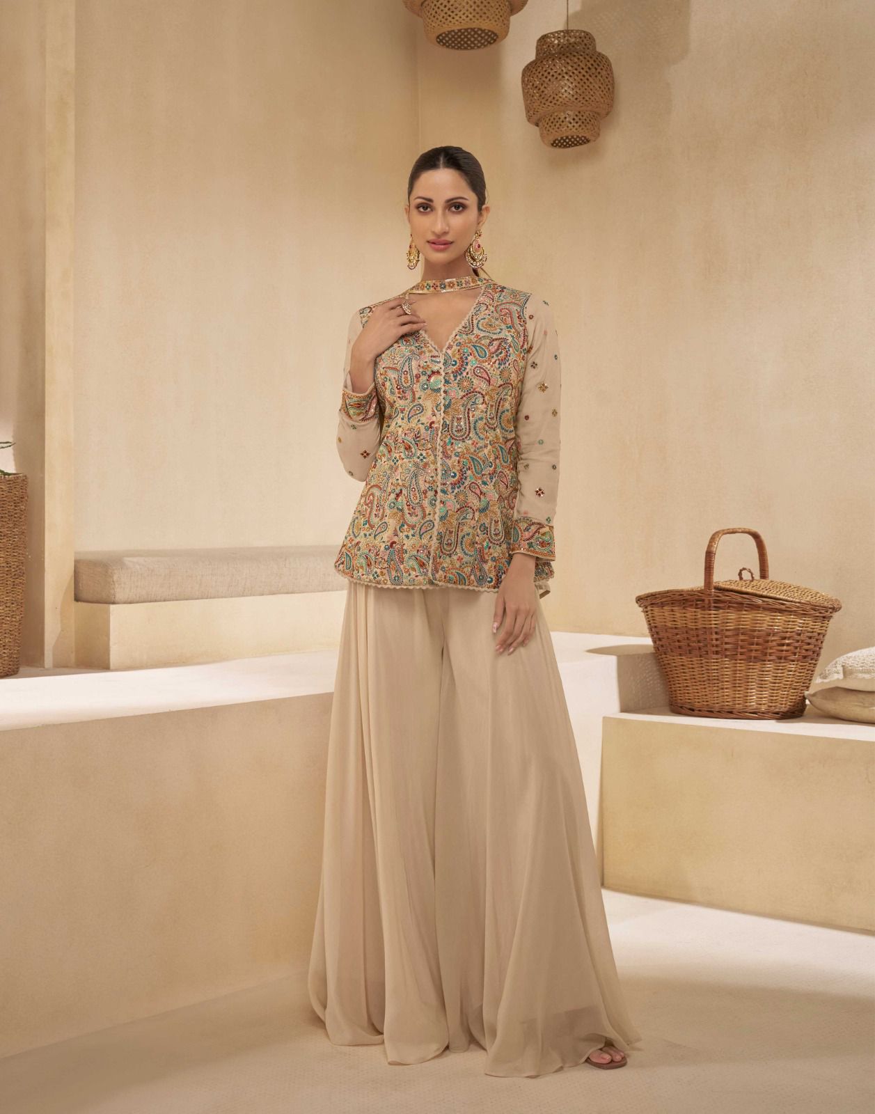 Light Brown Pure Georgette Floral Embroidered Designer Top Palazzo Suit Set