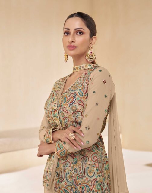 Light Brown Pure Georgette Floral Embroidered Designer Top Palazzo Suit Set