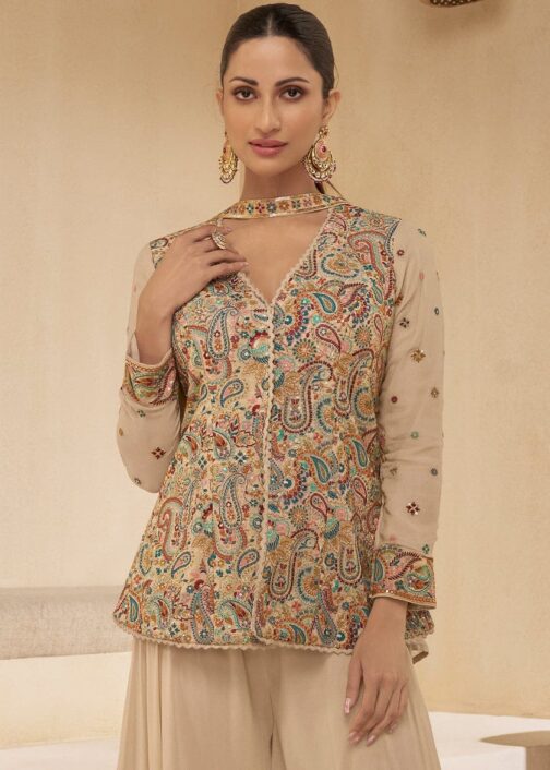 Light Brown Pure Georgette Floral Embroidered Designer Top Palazzo Suit Set