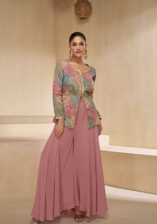 Orchid Pink Pure Georgette Floral Embroidered Designer Top Palazzo Suit with Necklace Dupatta