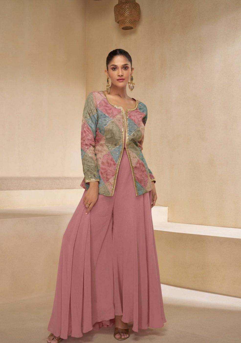 Orchid Pink Pure Georgette Floral Embroidered Designer Top Palazzo Suit with Necklace Dupatta