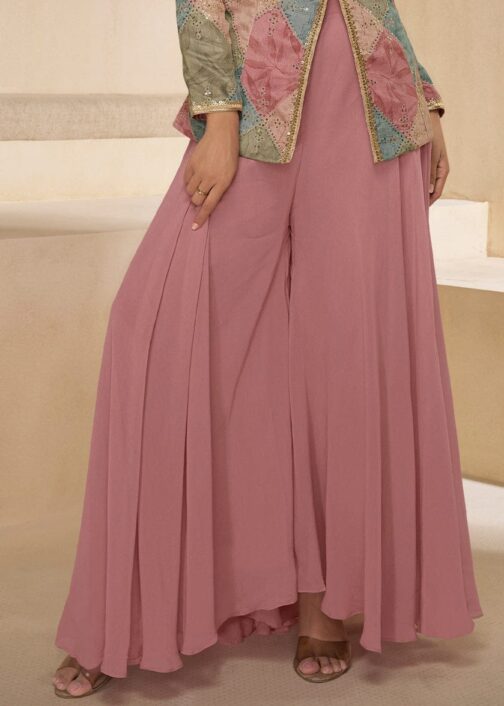 Orchid Pink Pure Georgette Floral Embroidered Designer Top Palazzo Suit with Necklace Dupatta