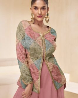 Orchid Pink Pure Georgette Floral Embroidered Designer Top Palazzo Suit with Necklace Dupatta