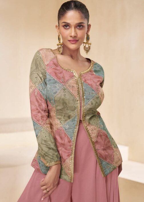 Orchid Pink Pure Georgette Floral Embroidered Designer Top Palazzo Suit with Necklace Dupatta