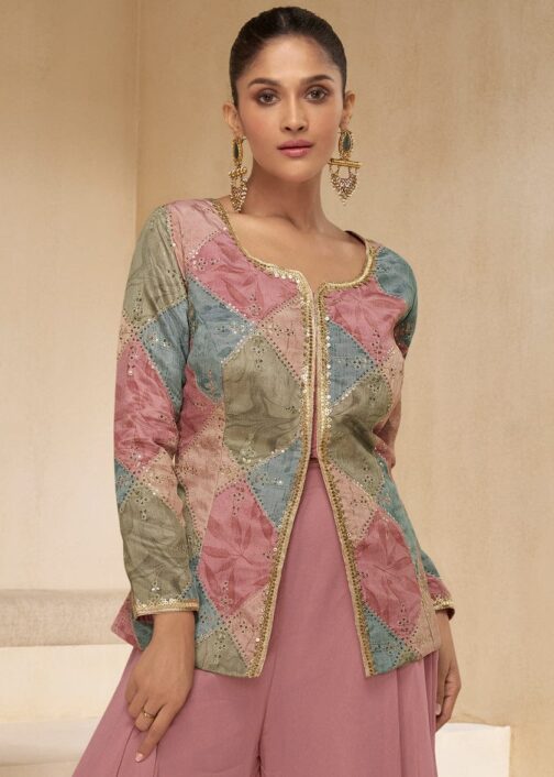 Orchid Pink Pure Georgette Floral Embroidered Designer Top Palazzo Suit with Necklace Dupatta