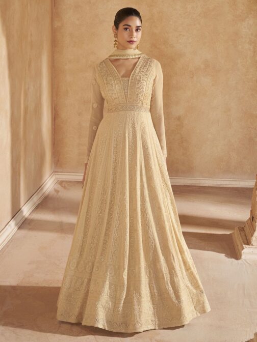 Beige Chikankari Embroidery Designer Anarkali