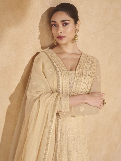Beige Chikankari Embroidery Designer Anarkali