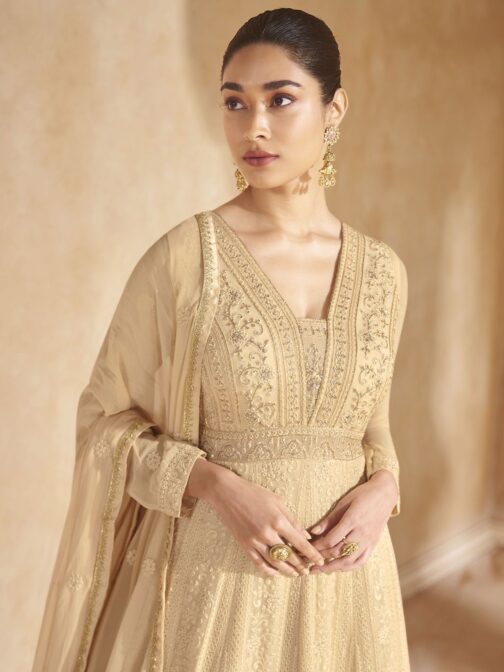 Beige Chikankari Embroidery Designer Anarkali