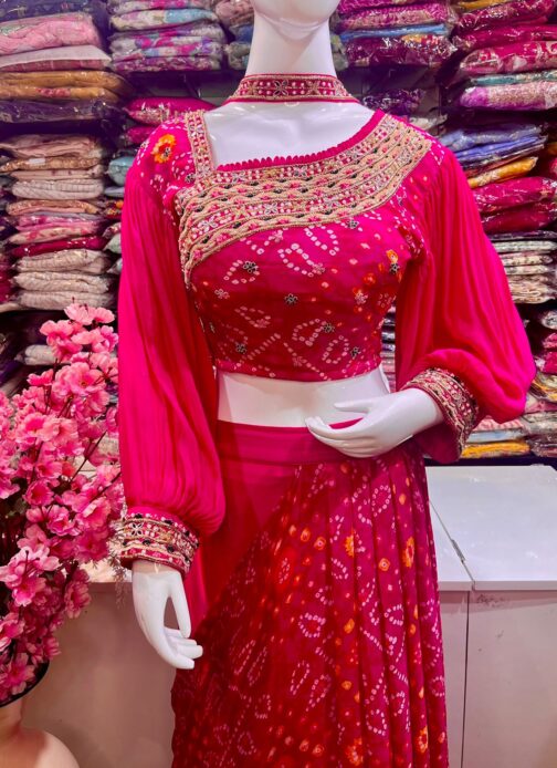 Pure Chinon Lehenga with Bandhej Drape