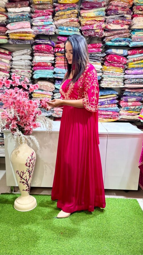 Pure Chinon Hot Pink Hand Embroidered Party Gown
