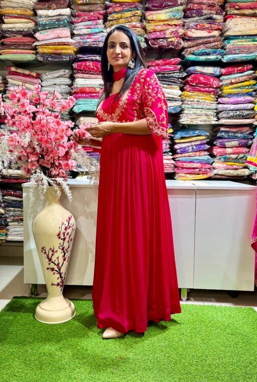 Pure Chinon Hot Pink Hand Embroidered Party Gown