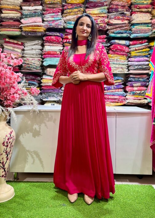 Pure Chinon Hot Pink Hand Embroidered Party Gown