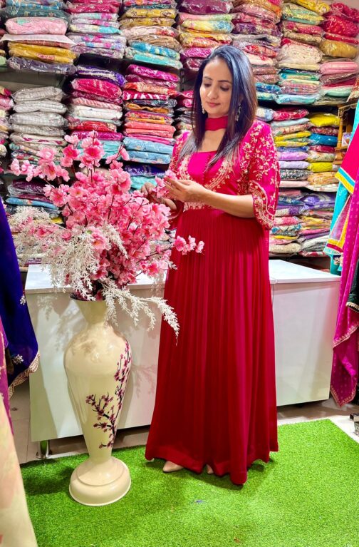 Pure Chinon Hot Pink Hand Embroidered Party Gown