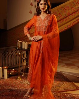 Pure Silk Orange Designer Suit