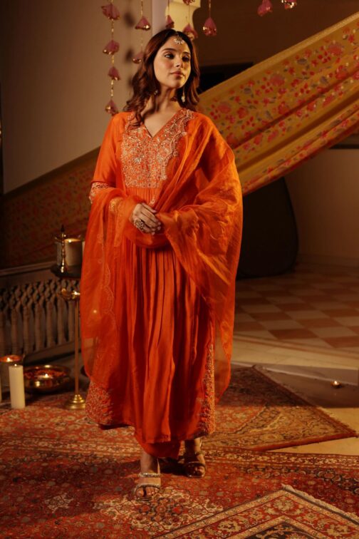 Pure Silk Orange Designer Suit