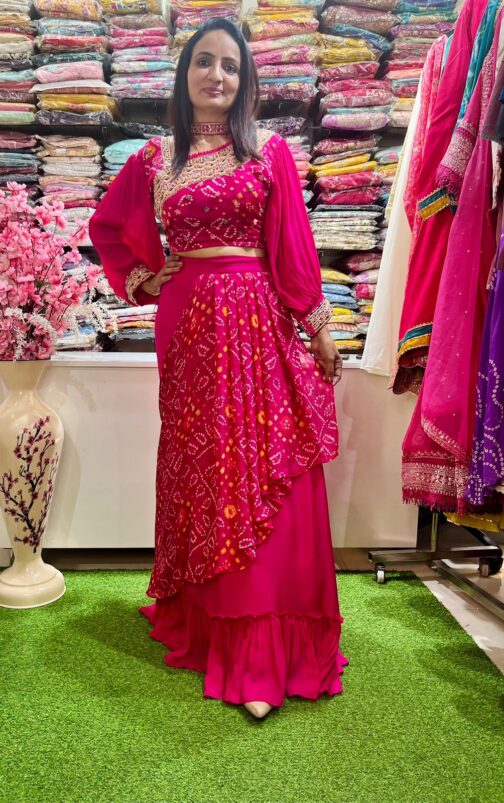 Pure Chinon Lehenga with Bandhej Drape