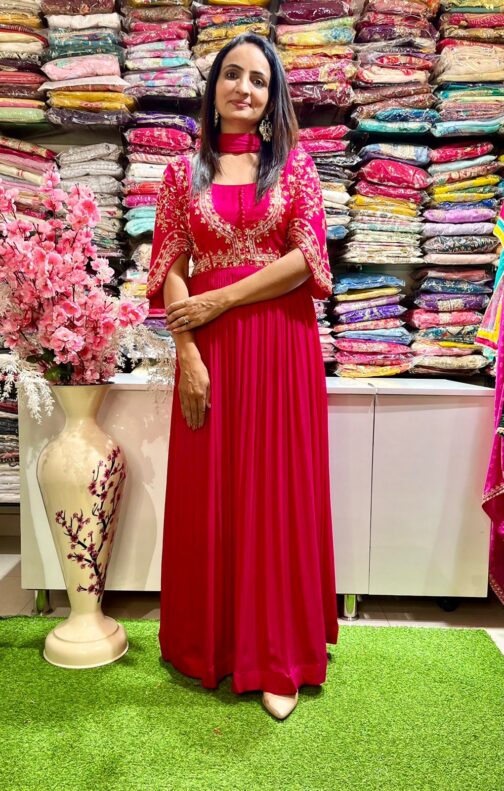 Pure Chinon Hot Pink Hand Embroidered Party Gown