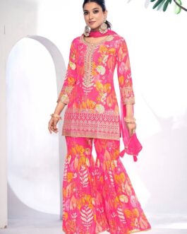 Rani Pink Embroidered Chinnon Readymade Sarara Kameez