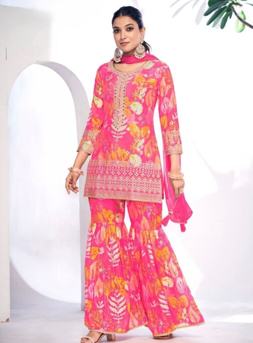 Rani Pink Embroidered Chinnon Readymade Sarara Kameez