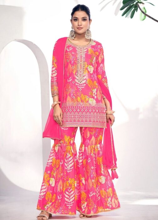 Rani Pink Embroidered Chinnon Readymade Sarara Kameez