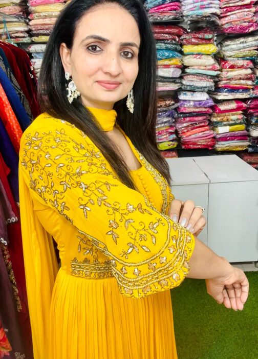 Pure Chinon Yellow Hand Embroidered Party Gown